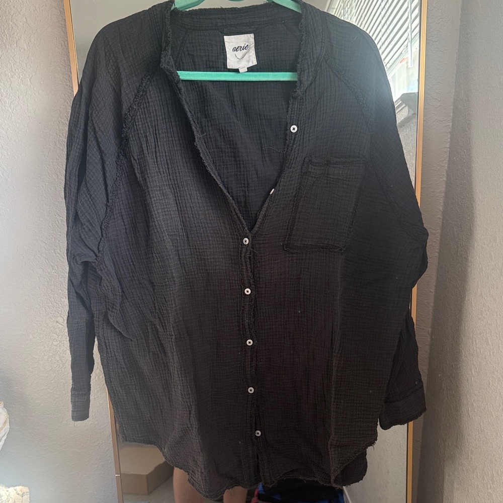 aerie Black Lightweight Button-Front Shirt